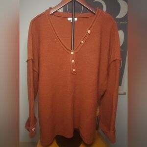 Womens 1x White Birch Rust Orange Knit Sweater with Button Accents